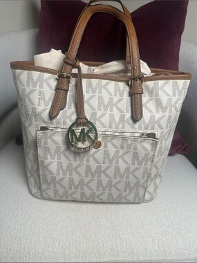 Michael Kors Beige Logo Tote with Brown Leather Trim and Gold MK Charm